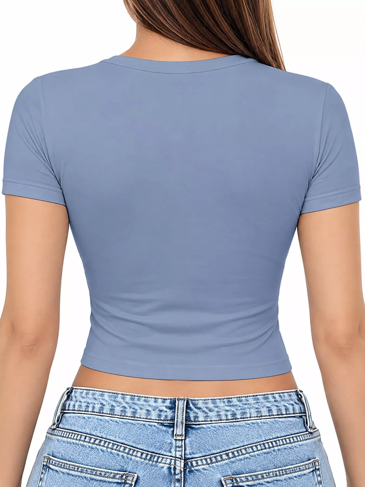 slim fit basic crew neck short sleeve crop t-shirt | dropsona - neutral - close-up detail