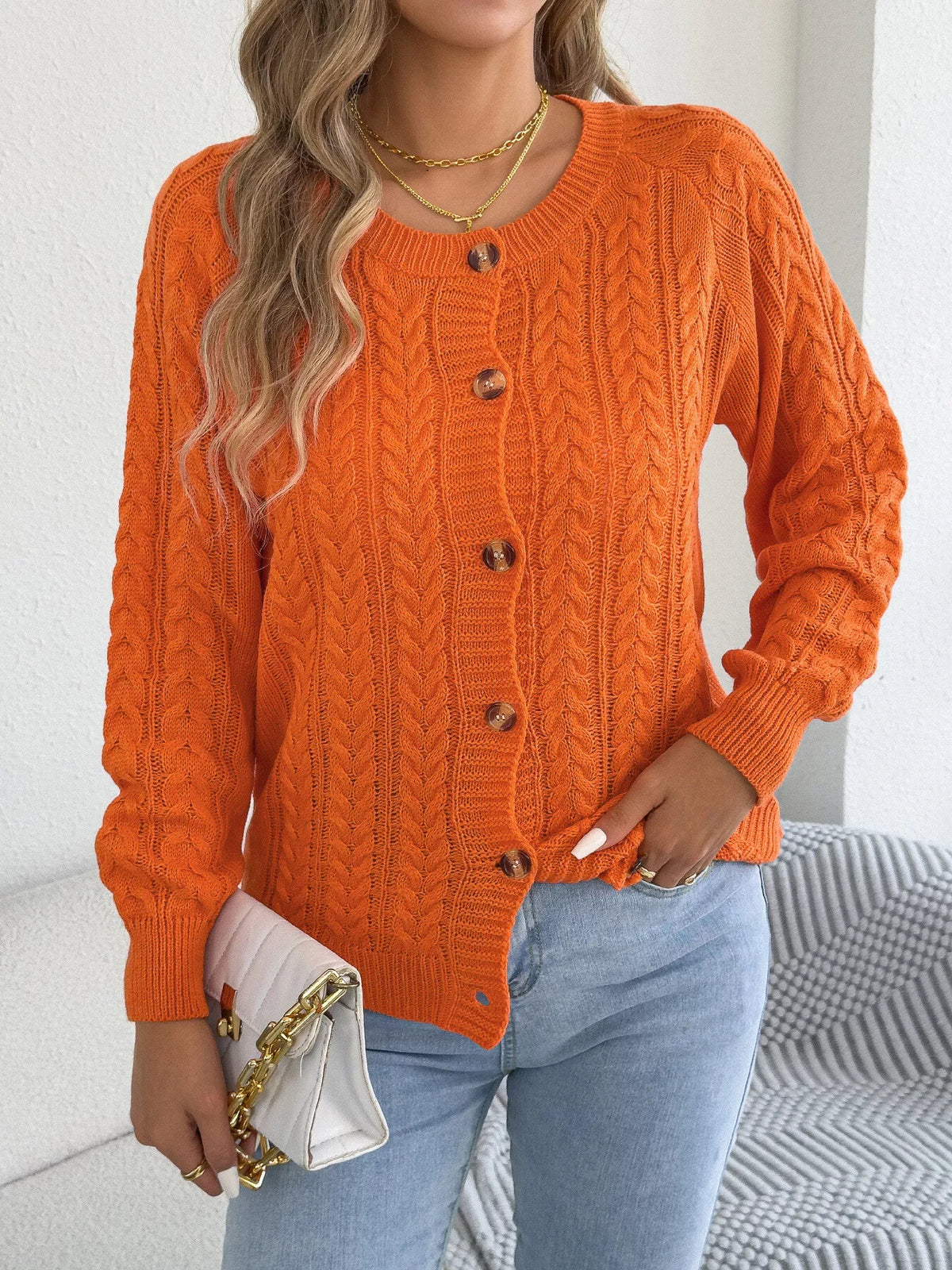 cable knit button-front cardigan – cable-knit,buttoned | dropsona - neutral - close-up detail