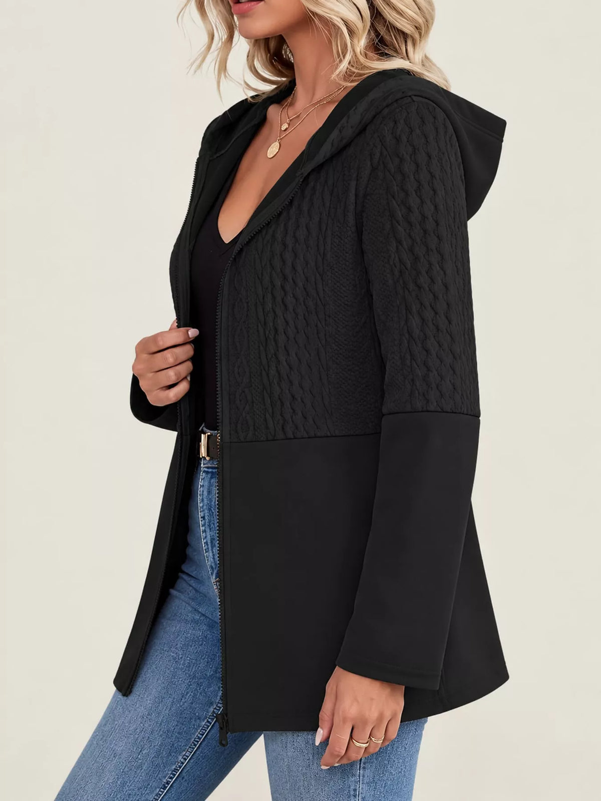 full size textured hooded zip-up jacket plus | dropsona - neutral - size reference