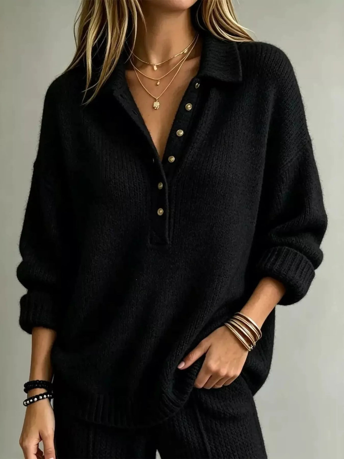 button detail dropped shoulder sweater – buttoned | dropsona - neutral - close-up detail