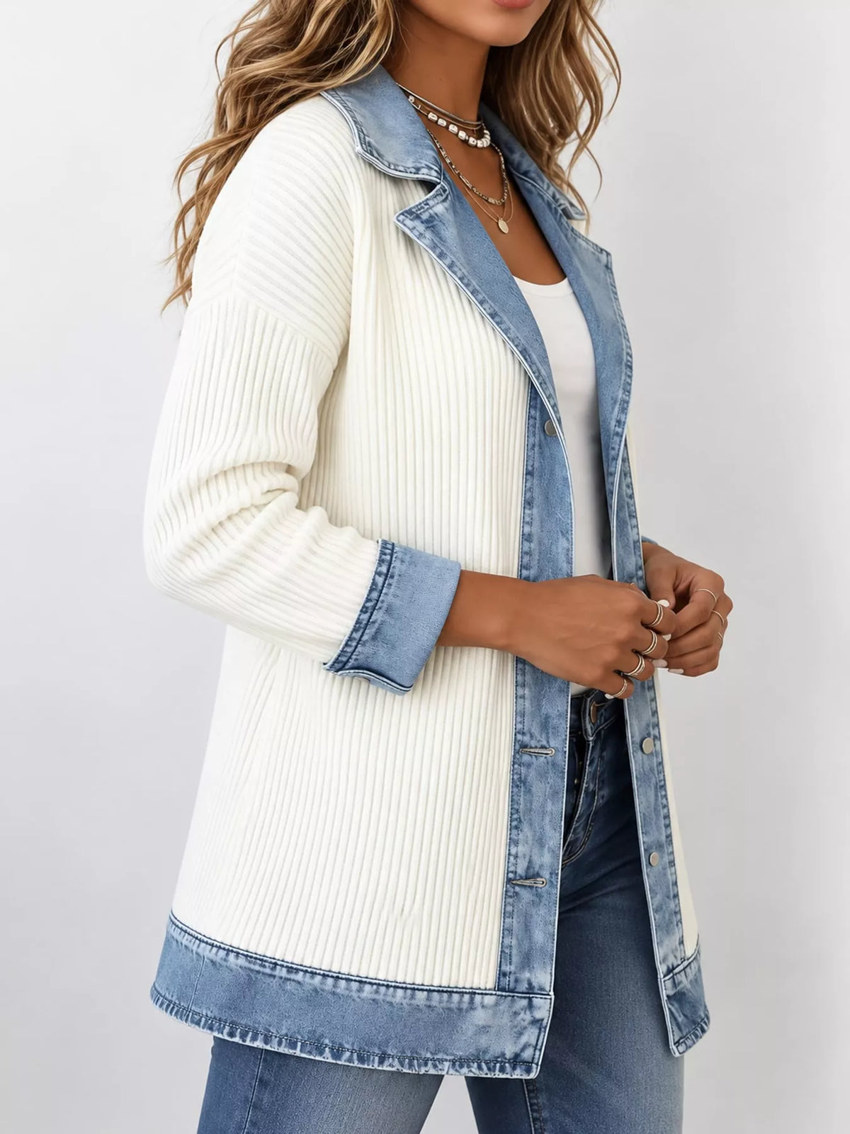 full size denim trim ribbed knit cardigan plus | dropsona - neutral - front view