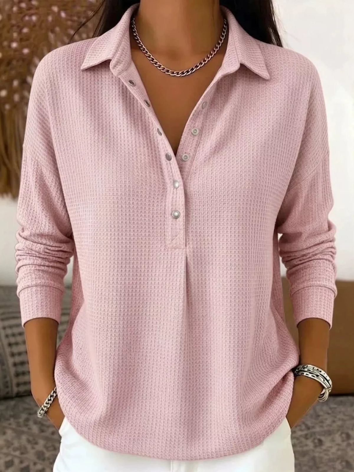 waffle knit snap down blouse – buttoned | dropsona - neutral - everyday use