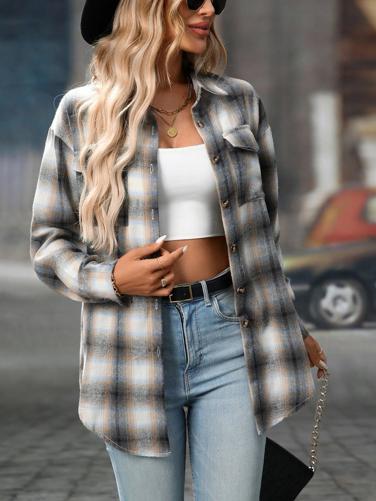 oversized plaid button-up shirt - size reference