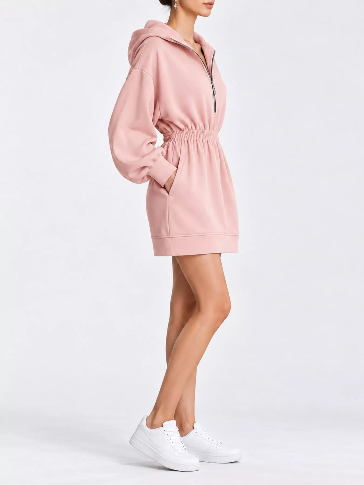 half-zip hooded sweatshirt dress – zipper,pocketed fit | dropsona - neutral - material texture