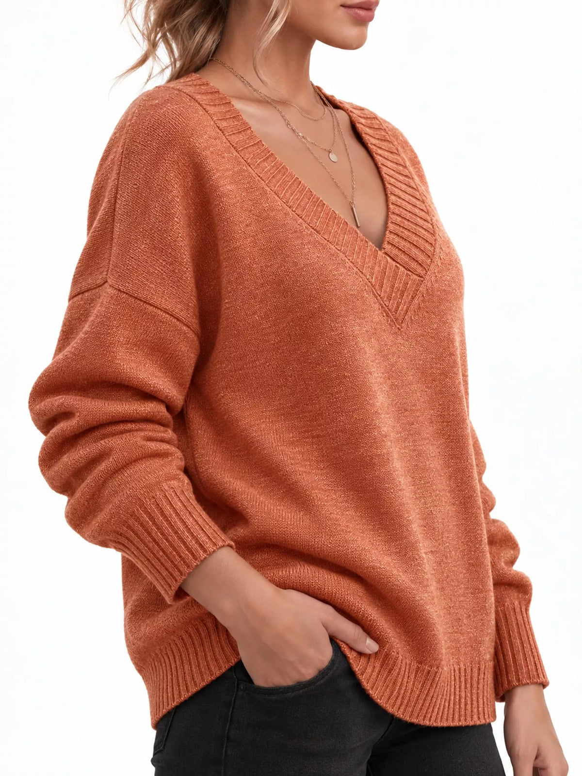 full size v-neck dropped shoulder sweater plus | dropsona - neutral - front view