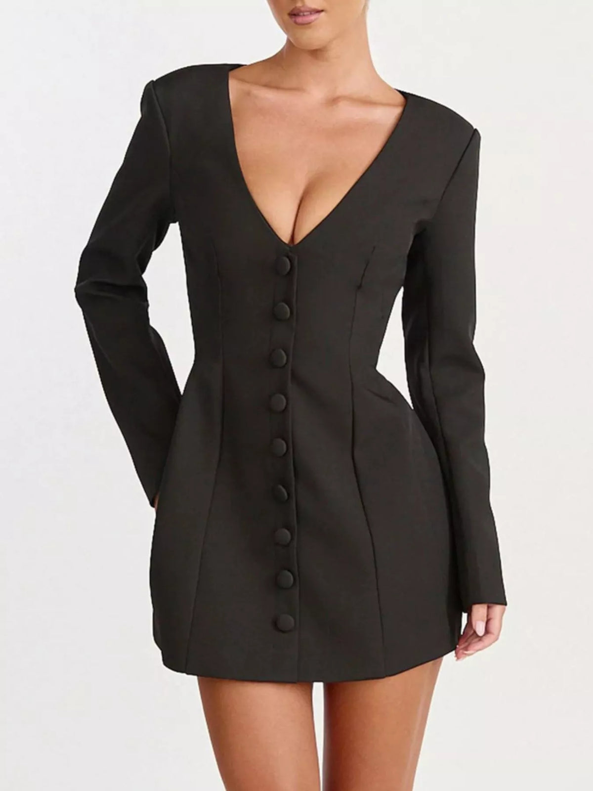 deep v-neck button-down blazer dress – buttoned,zipper | dropsona - neutral - front view