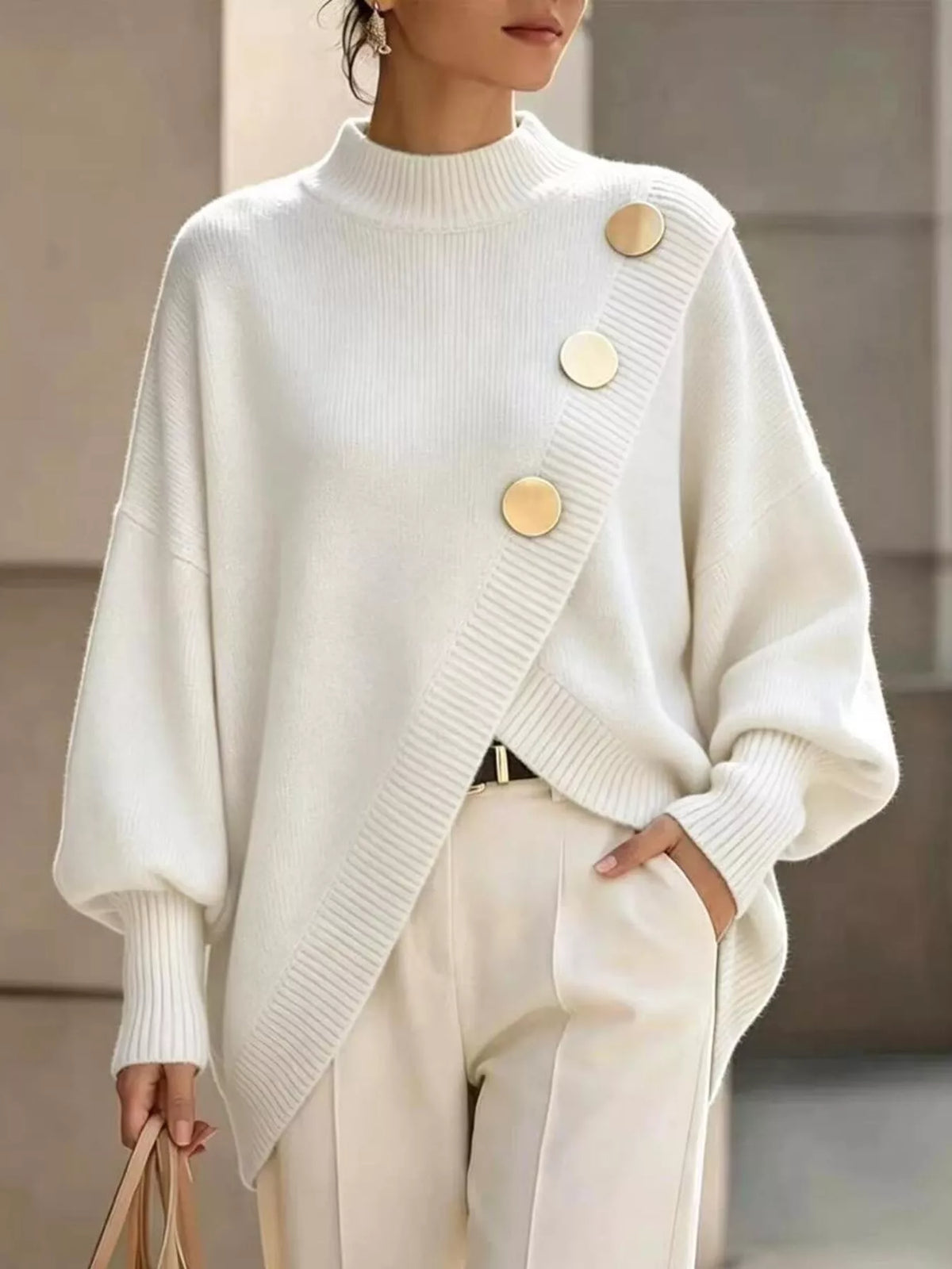 asymmetric button-decorated sweater | dropsona - neutral - size reference