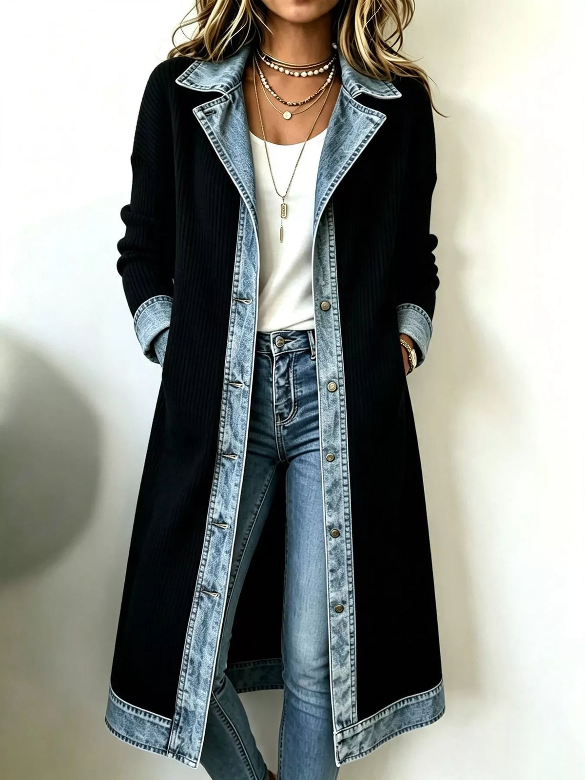 full size denim-trimmed ribbed knit longline cardigan | dropsona - neutral - front view