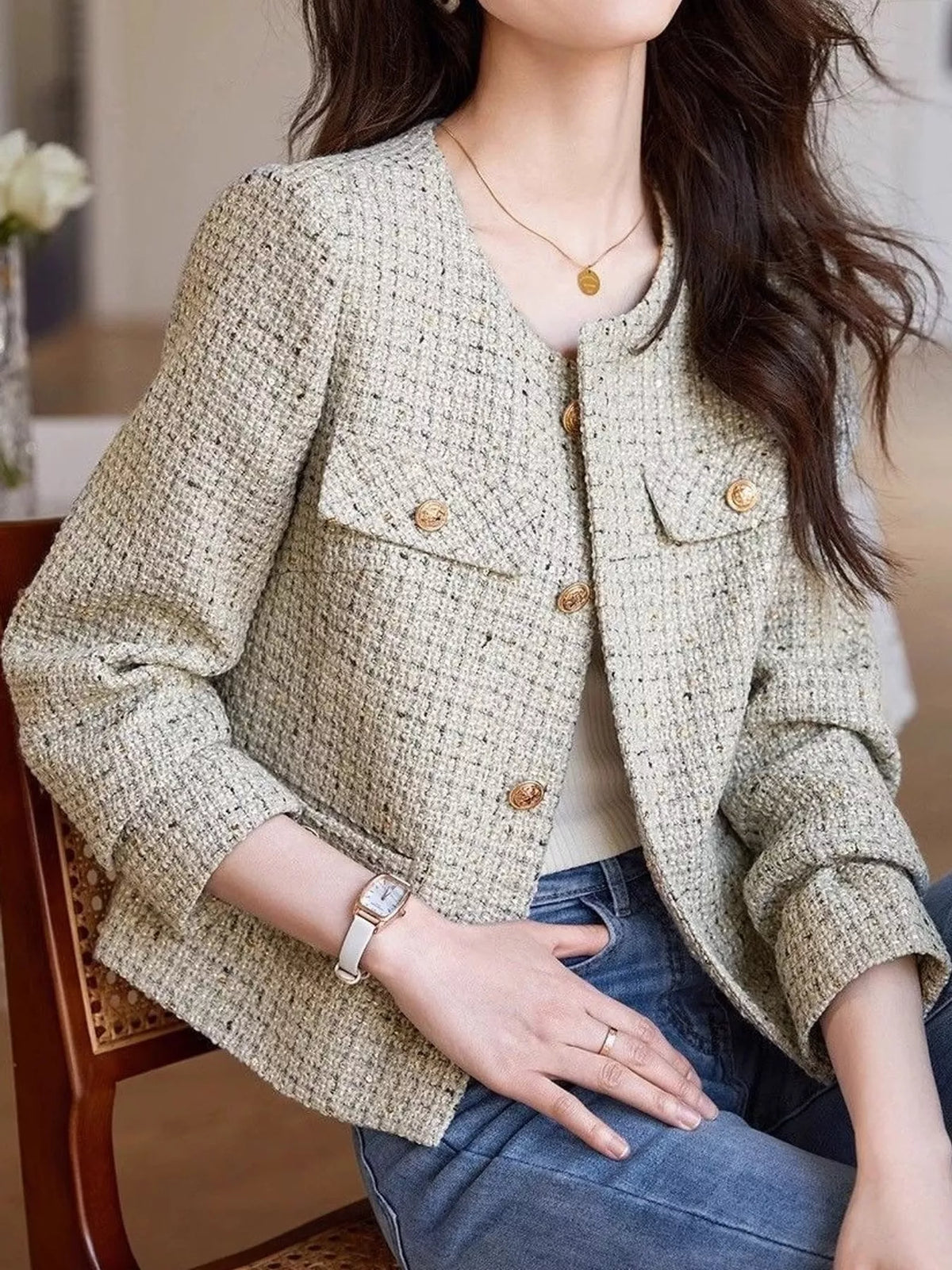 elegant tweed jacket with gold-tone button accents | dropsona - neutral - front view