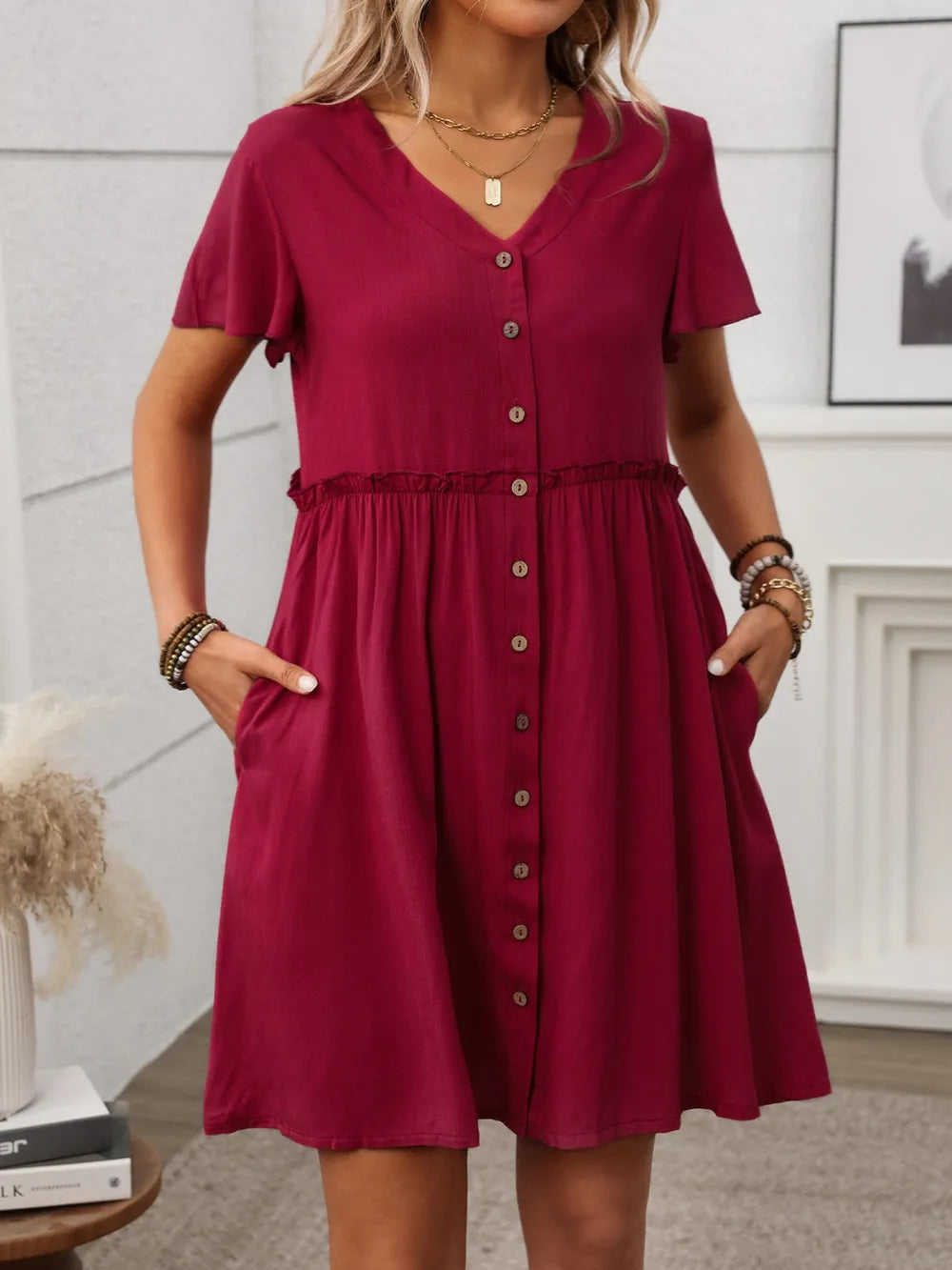 button front flutter sleeve dress - close-up detail