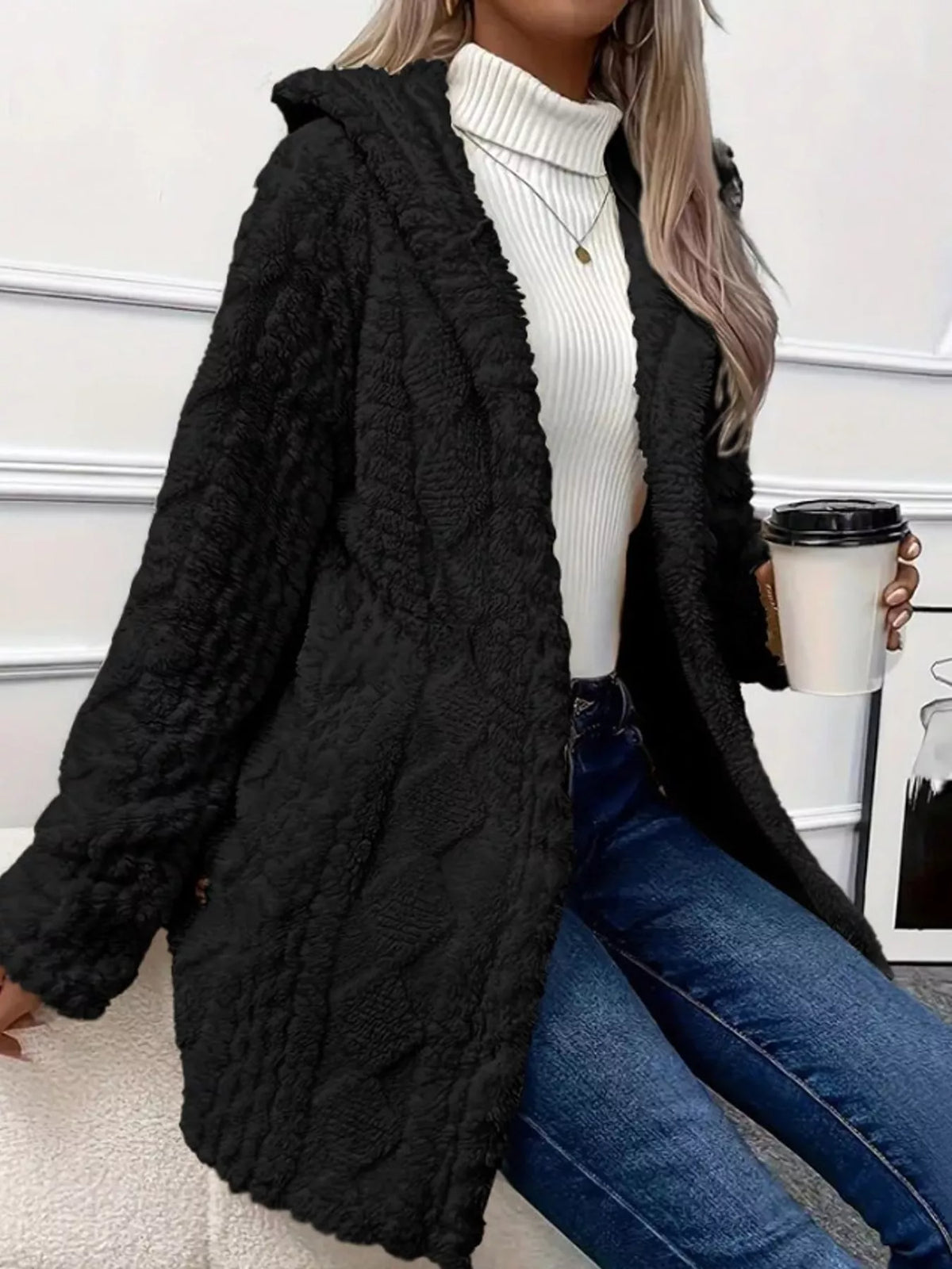 full size cozy cable-knit faux fur hooded outerwear | dropsona - neutral - usage example