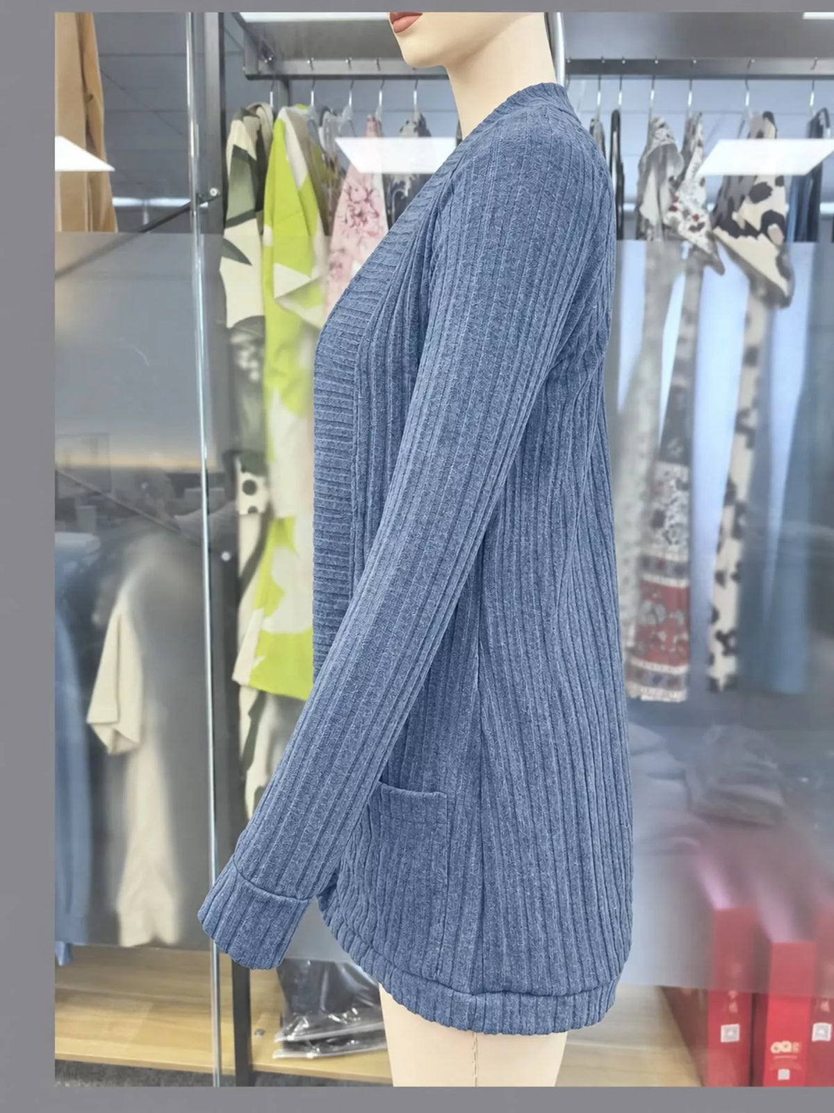 ribbed knit open front cardigan with pockets | dropsona - neutral - close-up detail