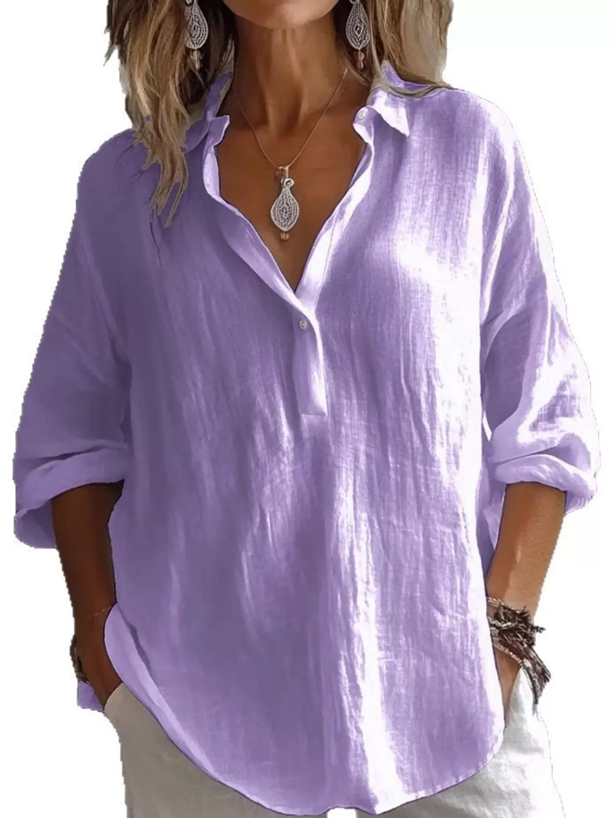 collared neck long sleeve blouse | dropsona - neutral - usage example