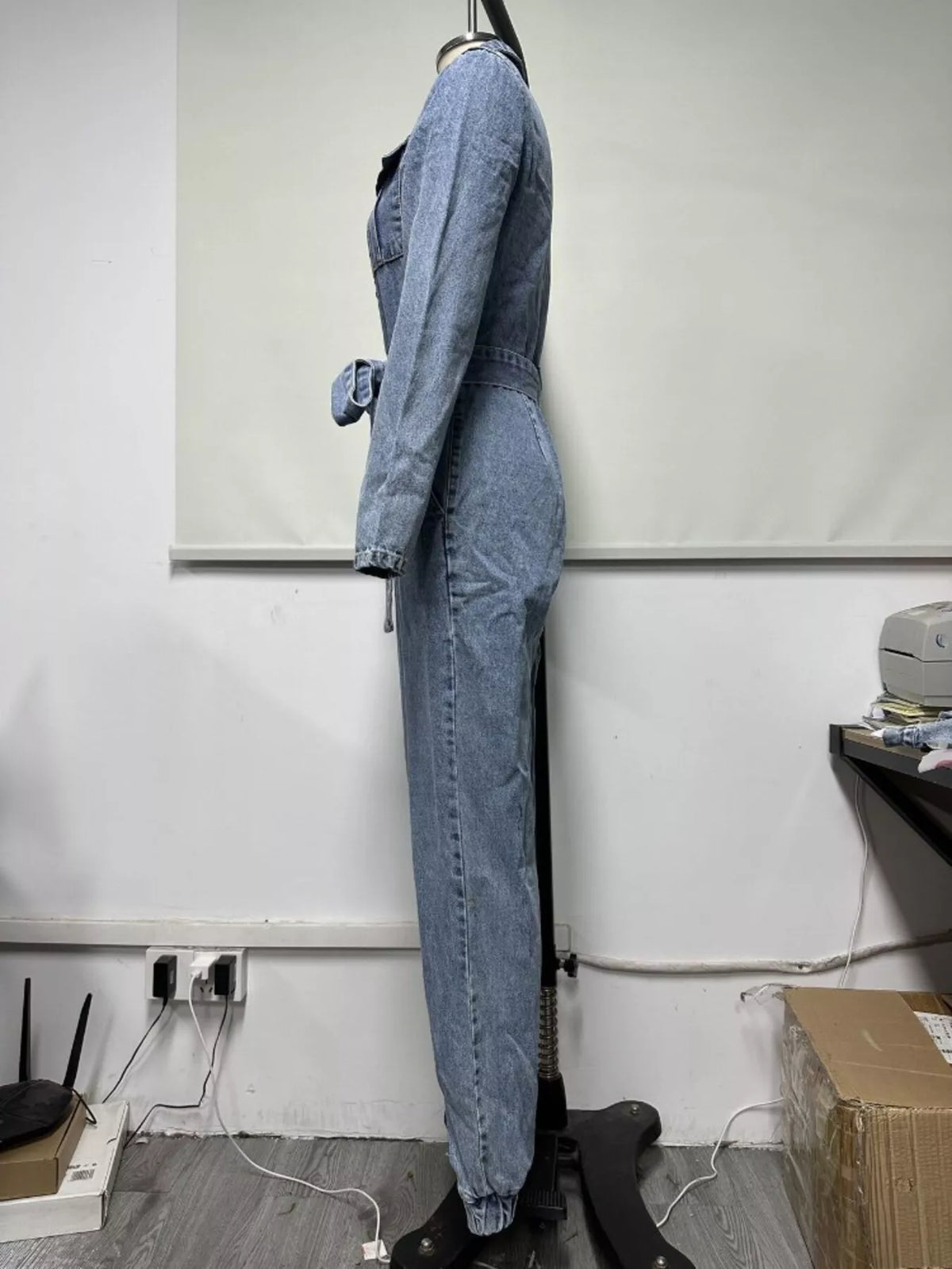long sleeve button-up denim jumpsuit with belted | dropsona - neutral - size reference