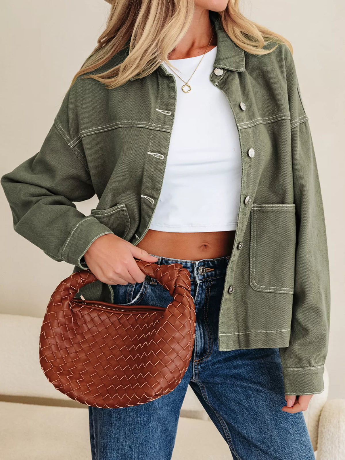 patched pocket collared button front boyfriend denim jacket - front view