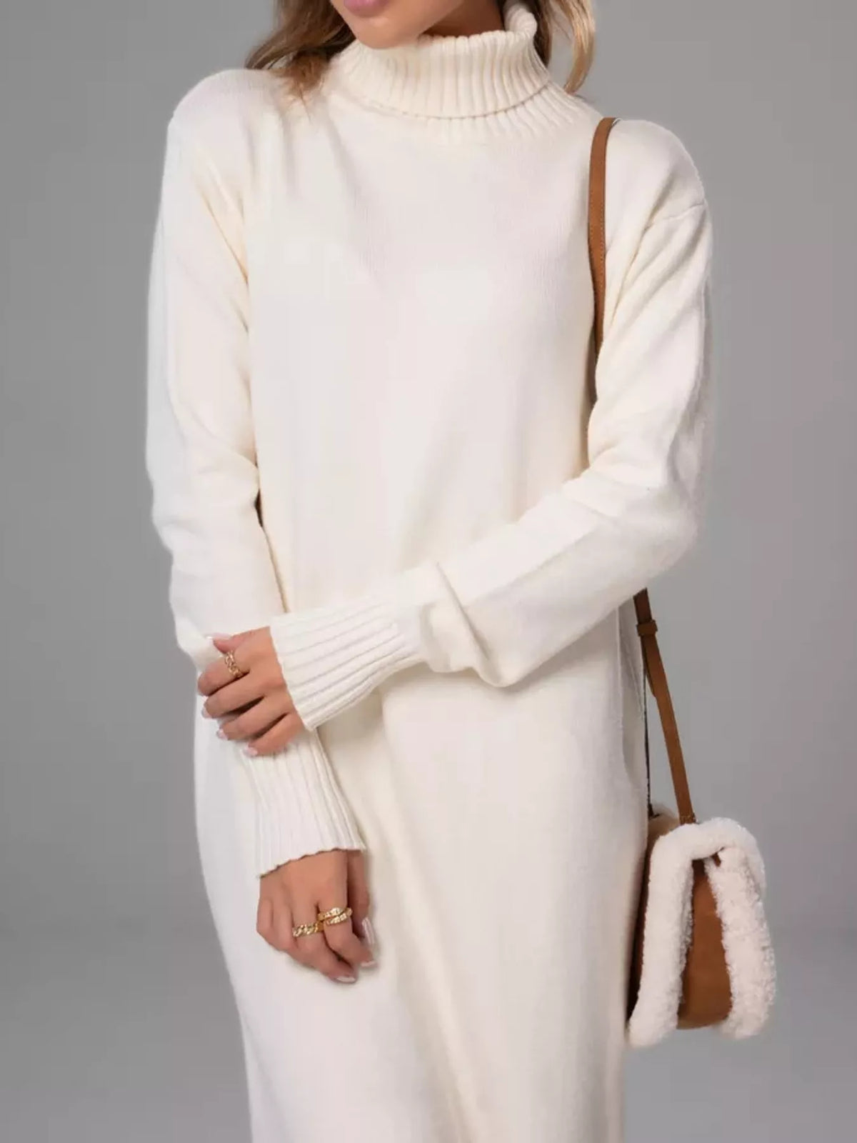 turtleneck ribbed knit sweater dress | dropsona - neutral - usage example