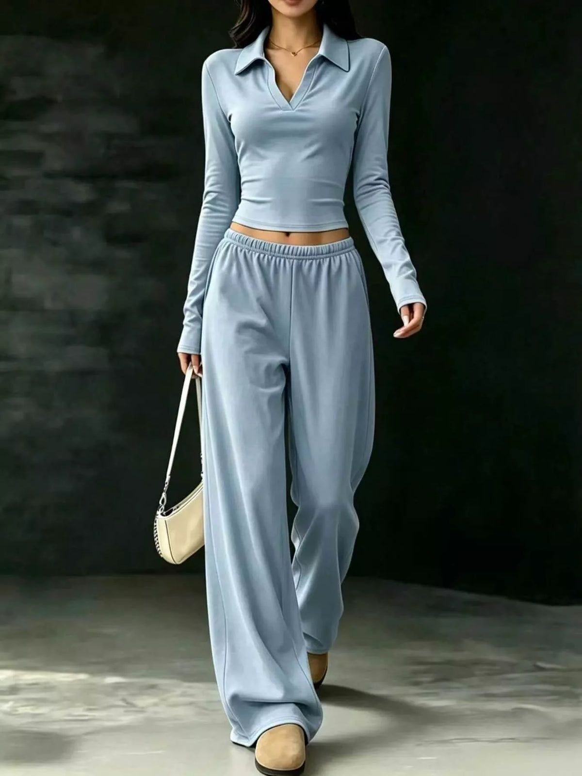 long-sleeve polo top and wide-leg pants set | dropsona - neutral - size reference