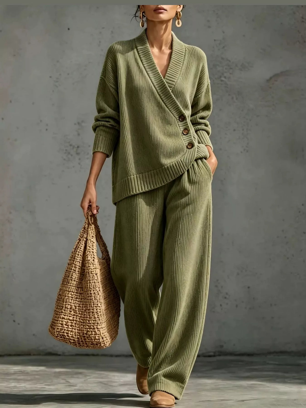 full size elegant v-neck wrap sweater and wide-leg | dropsona - neutral - close-up detail