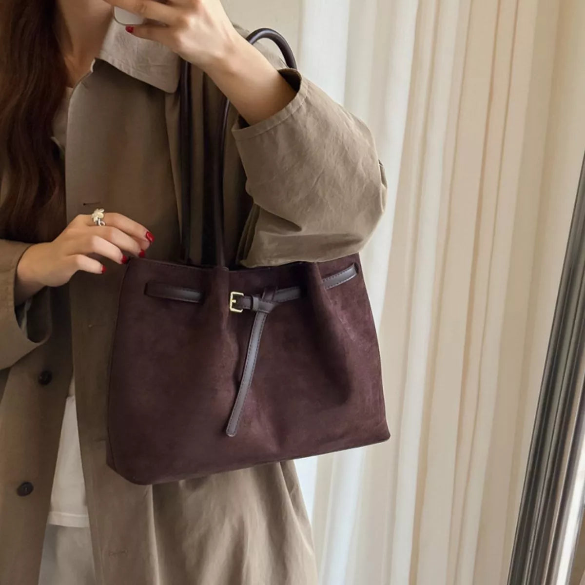 vintage suede shoulder bag – stylish sling | dropsona - neutral - material texture
