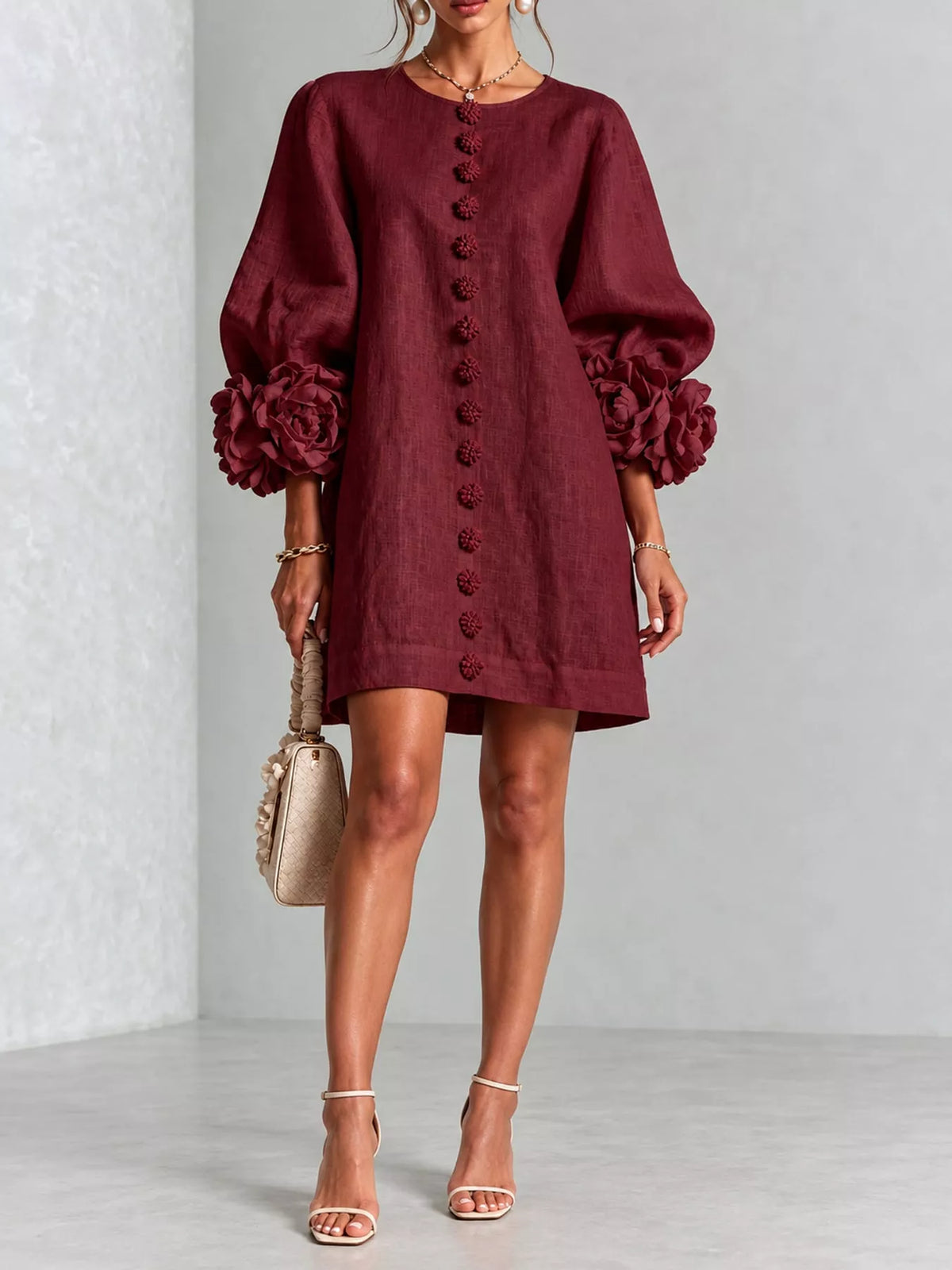 full size 3d floral sleeve accents mini dress plus | dropsona - neutral - material texture
