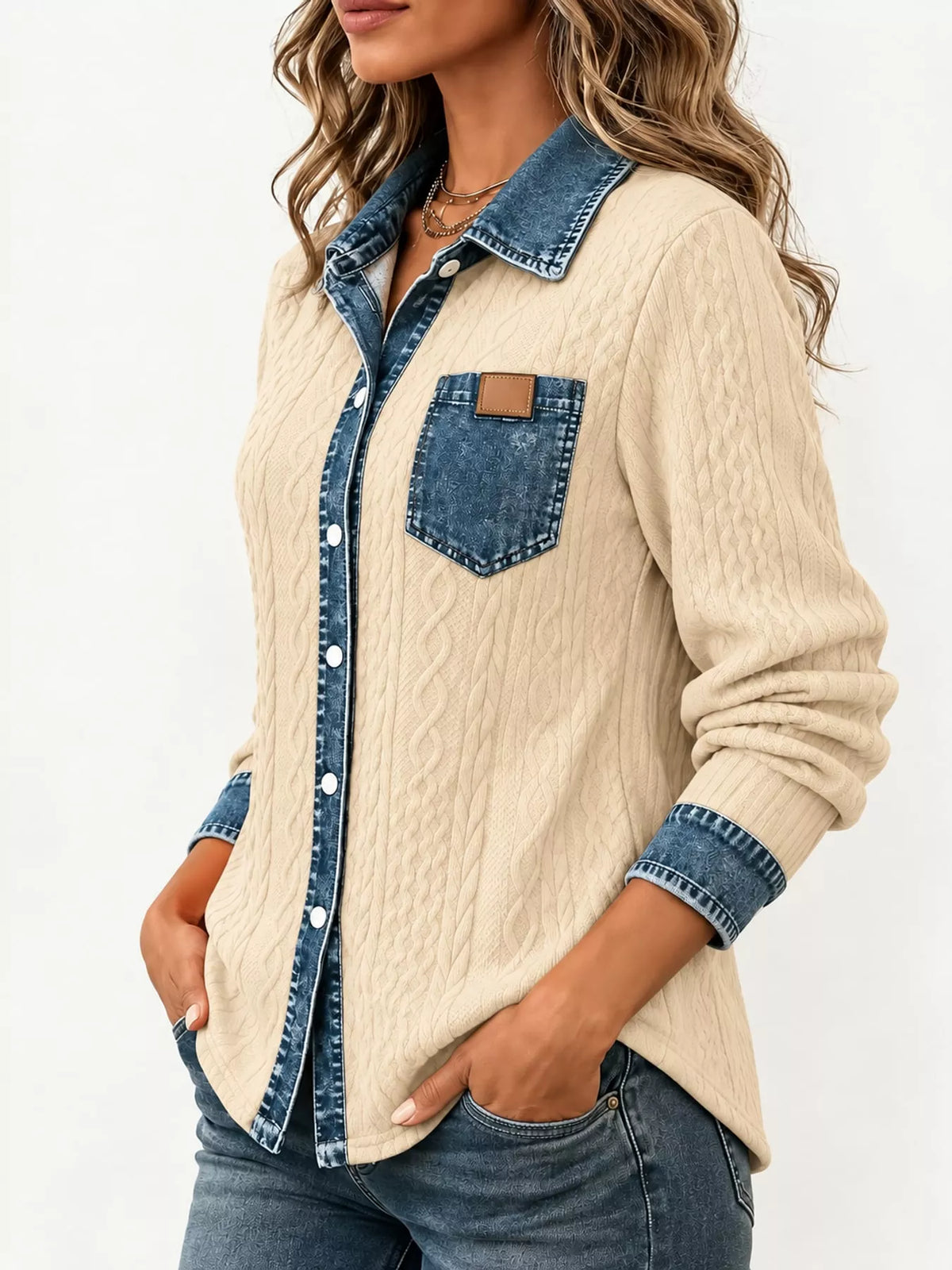 full size contrast denim trim textured button-down | dropsona - neutral - close-up detail