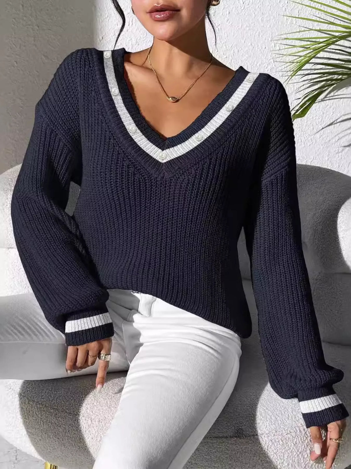v-neck contrast trim sweater with pearl decor | dropsona - neutral - packaging