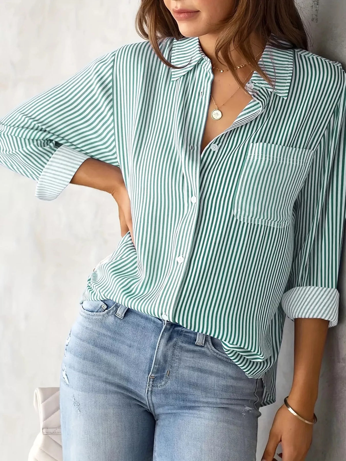 full size striped button-down long sleeve shirt plus | dropsona - neutral - front view