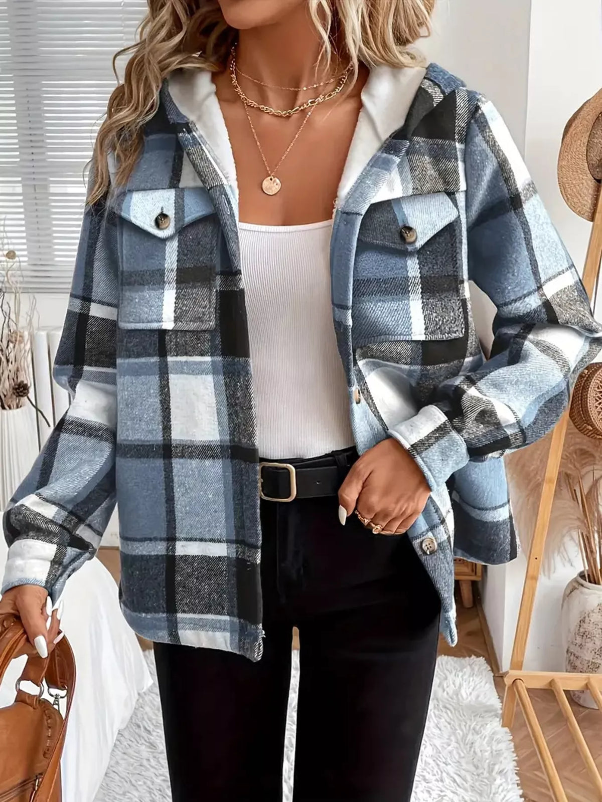 fleece-lined plaid button up shacket | dropsona - neutral - usage example