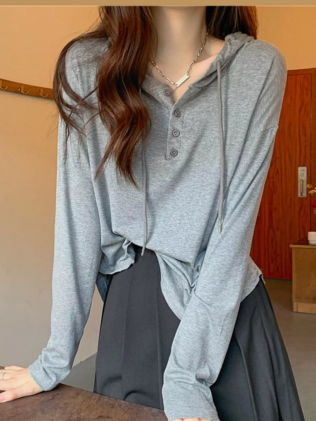 casual long-sleeve hooded henley t-shirt | dropsona - neutral - packaging