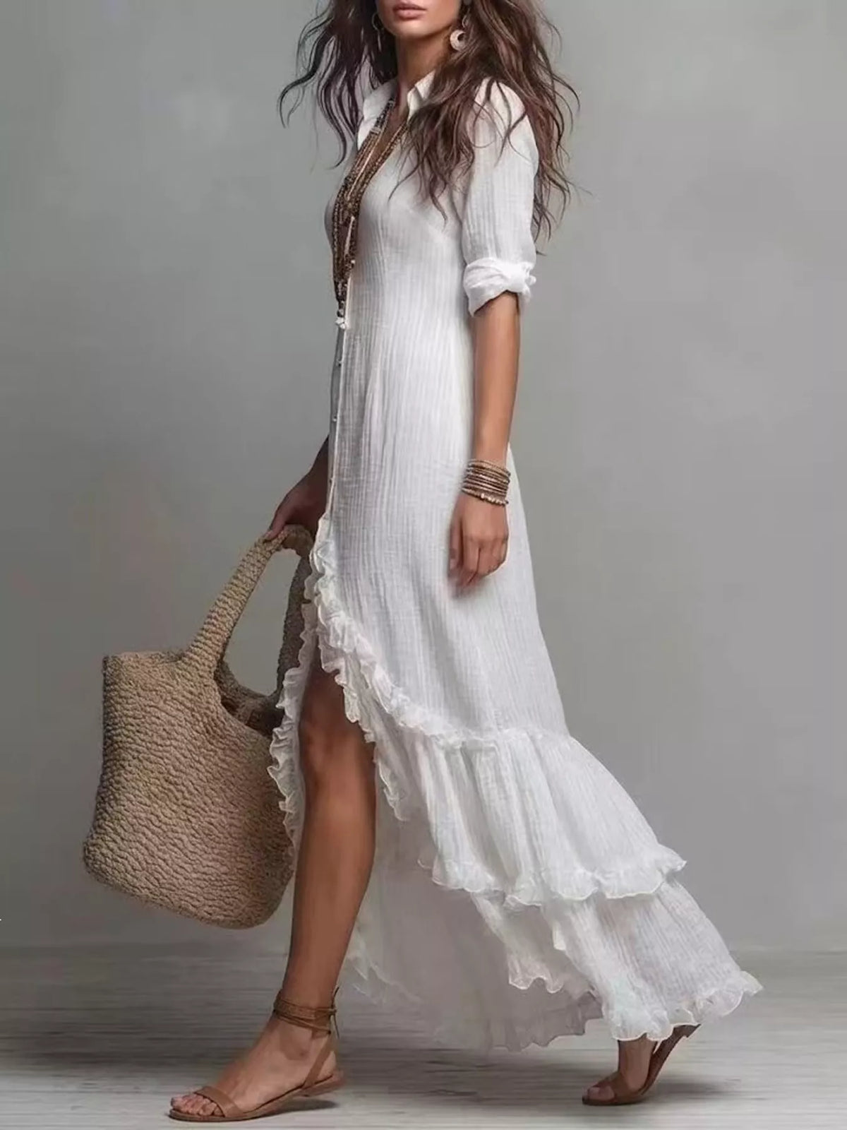 boho chic button-down ruffled high-low maxi dress | dropsona - neutral - usage example