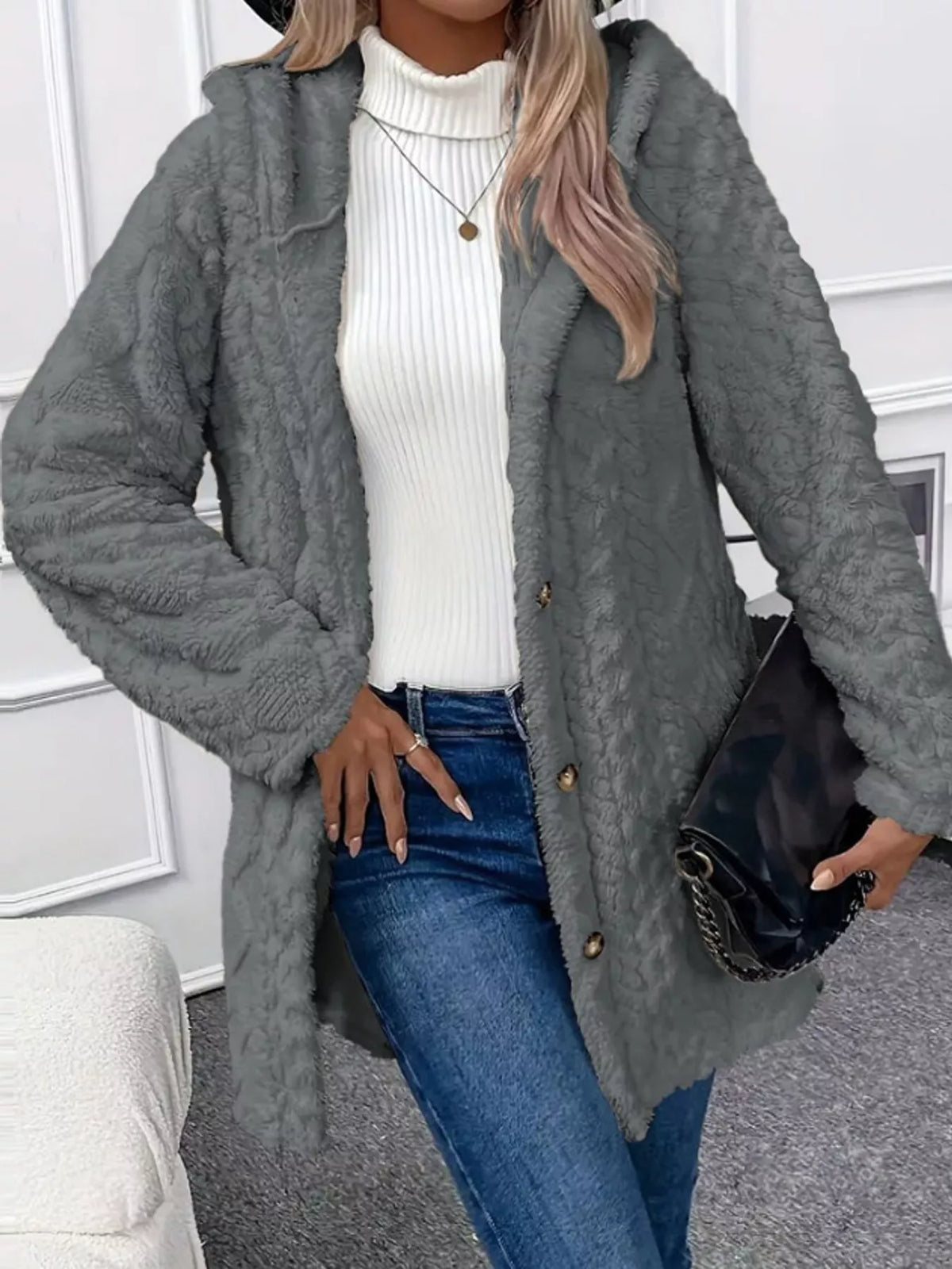 full size cozy cable-knit faux fur hooded outerwear | dropsona - neutral - front view