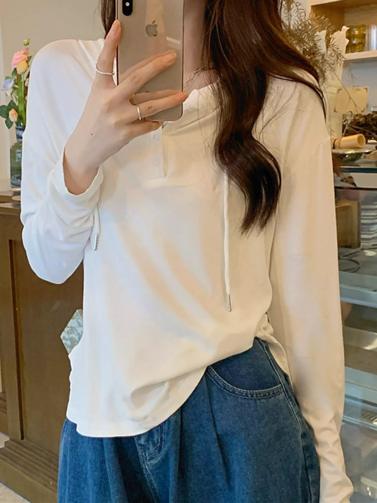 casual long-sleeve hooded henley t-shirt | dropsona - neutral - material texture