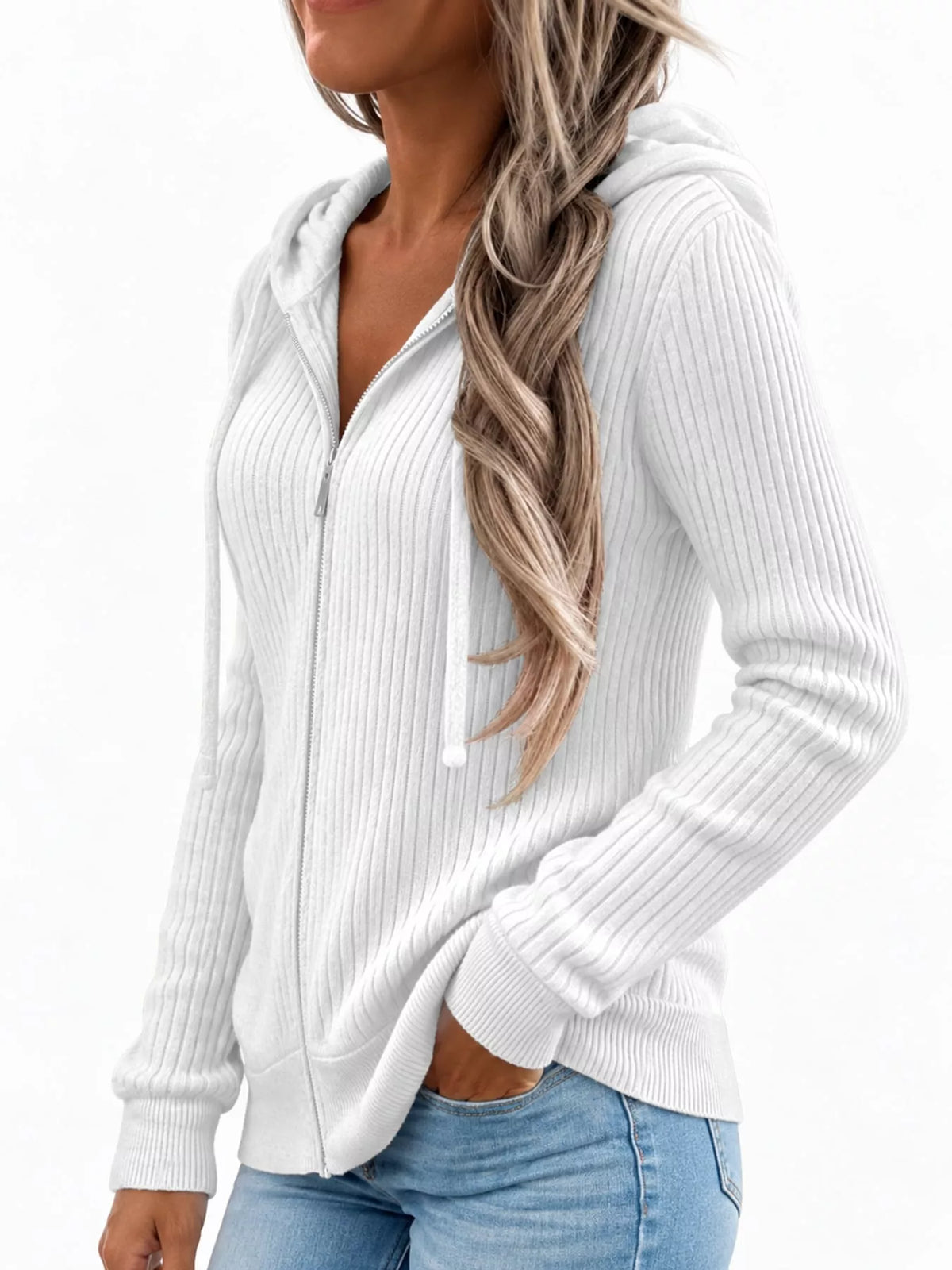 full size ribbed knit zip-up hooded cardigan plus | dropsona - neutral - front view
