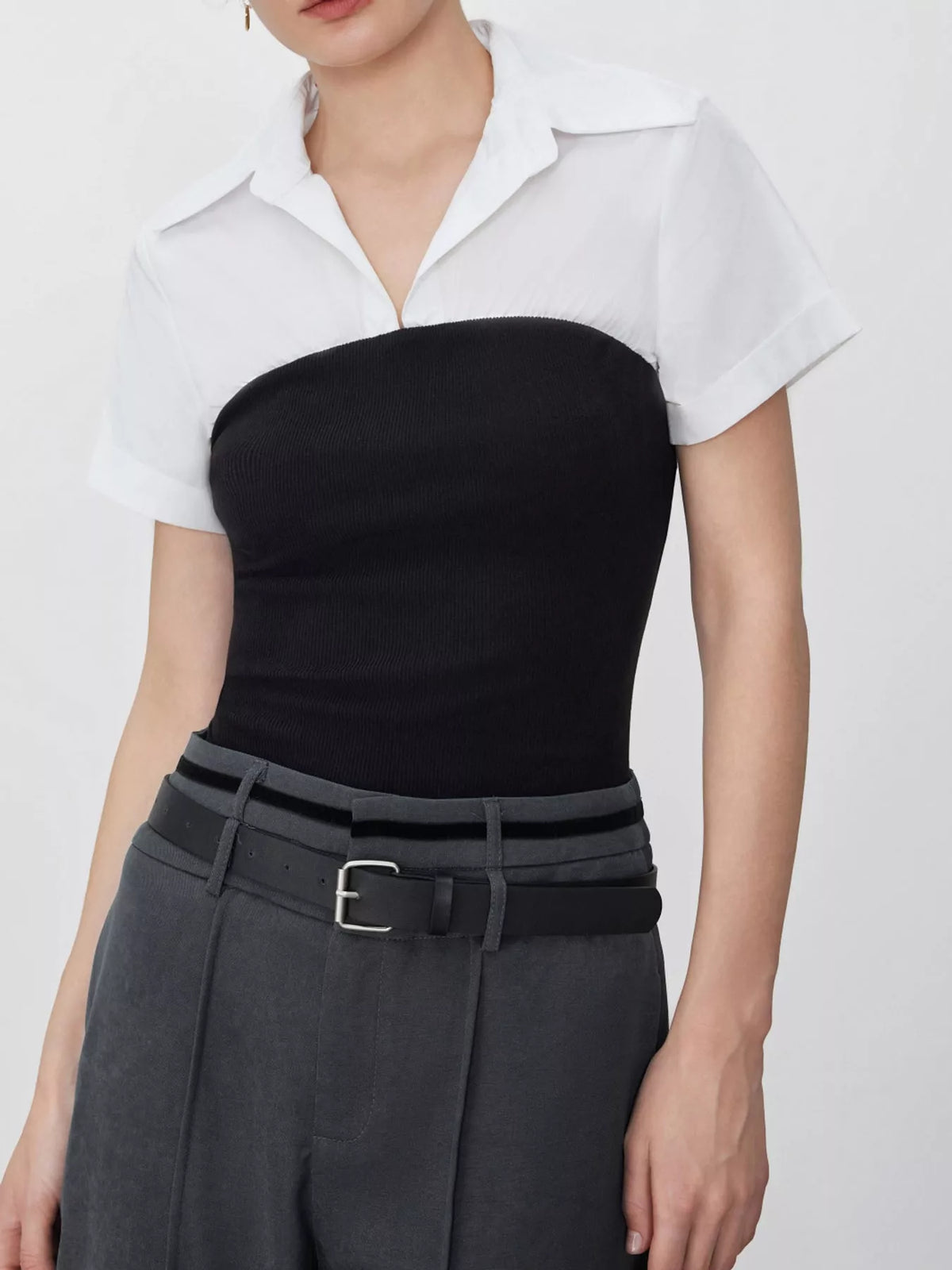 color-block short sleeve blouse | dropsona polyester 100% - neutral - close-up detail