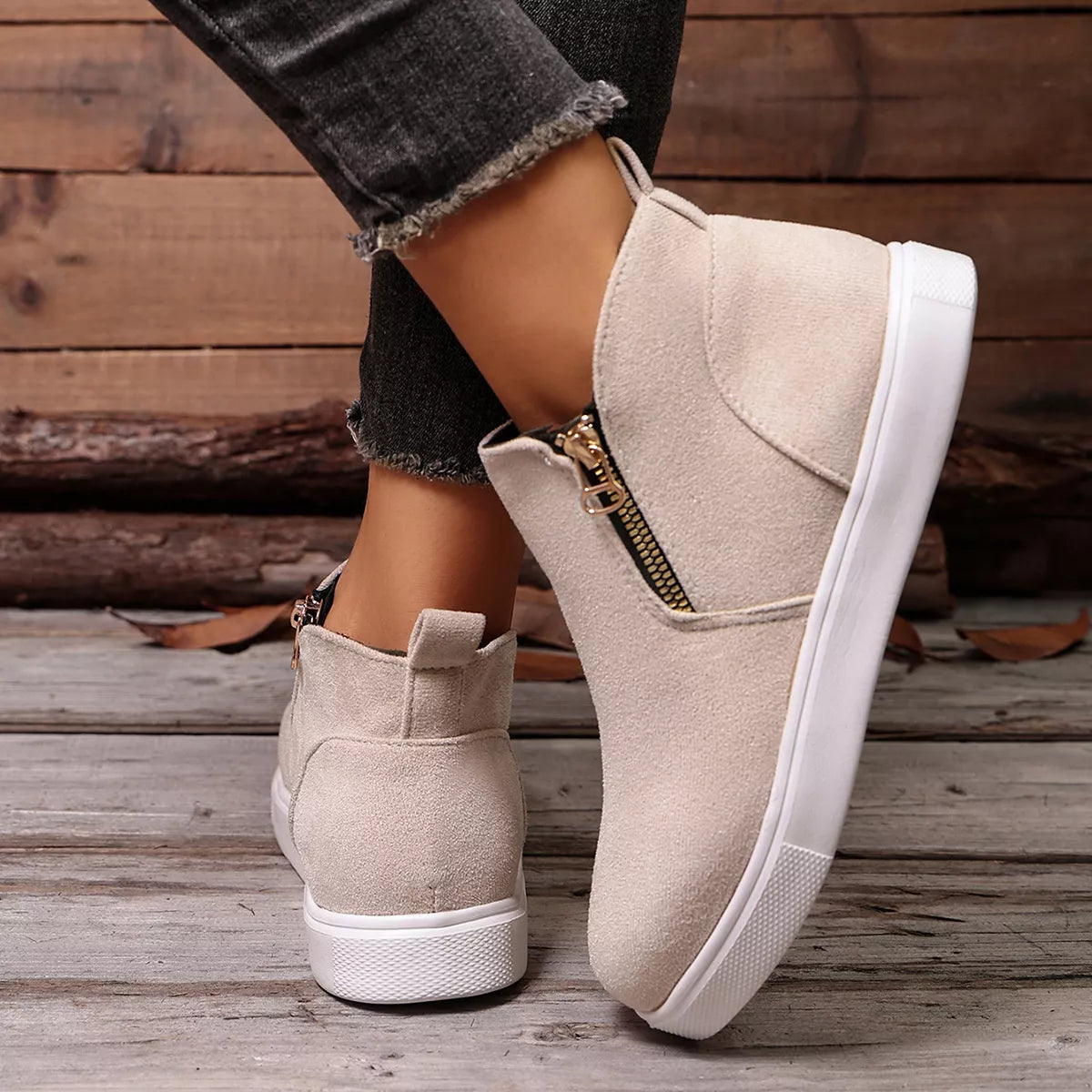 side zipper flat sneakers – modern steps | dropsona - neutral - front view