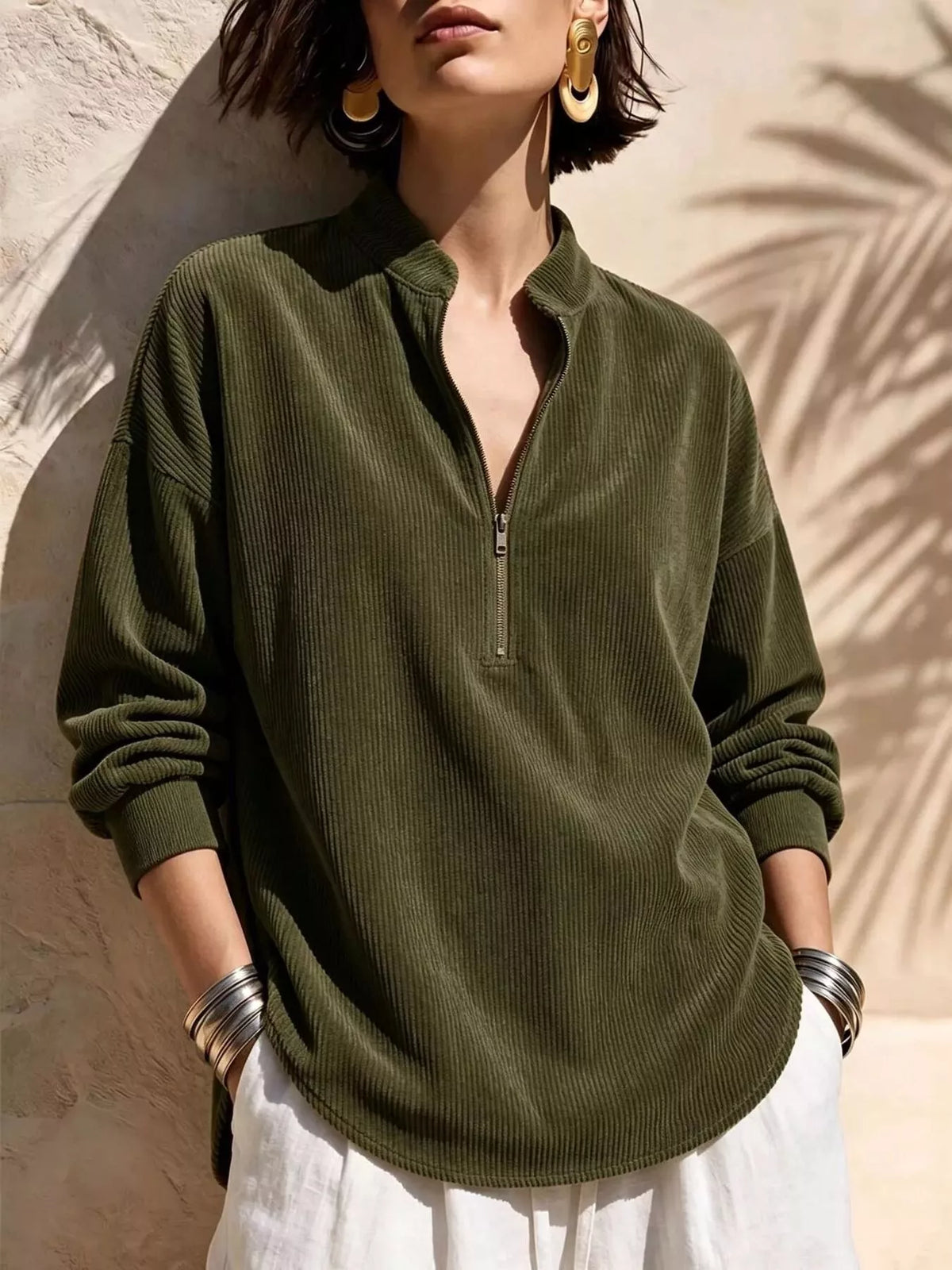 full size half zip dropped shoulder corduroy top plus | dropsona - neutral - front view