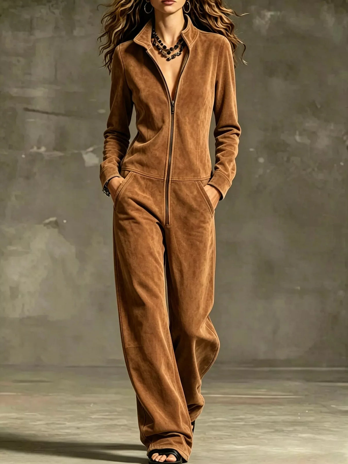 full size chic velour zip-up jumpsuit with pockets | dropsona - neutral - material texture