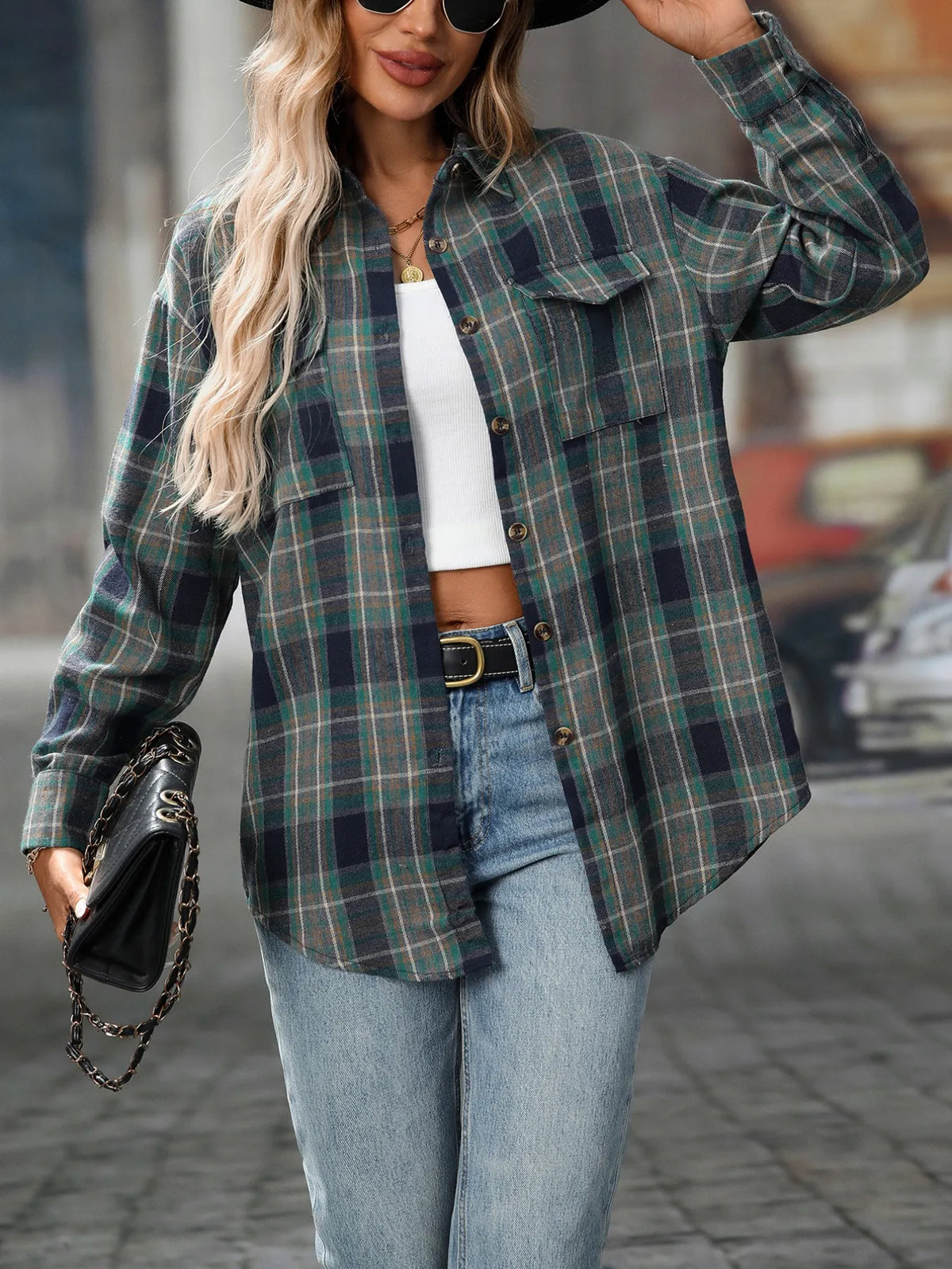 oversized plaid button-up shirt - close-up detail
