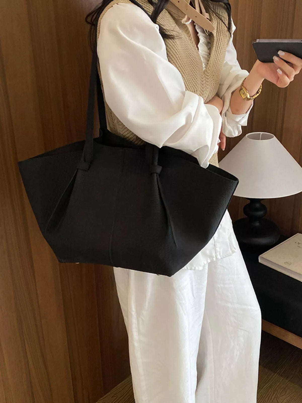 pu leather tote bag – stylish sling | dropsona - neutral - usage example