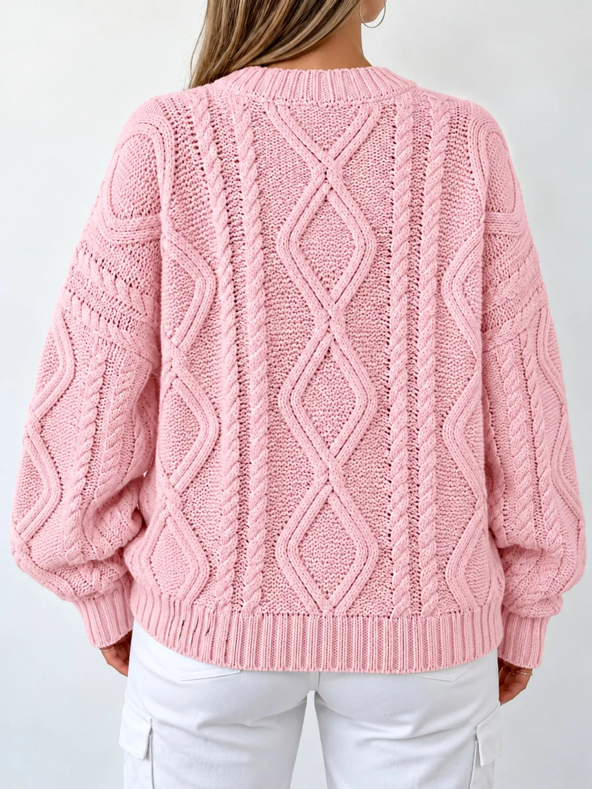 full size cable-knit round neck sweater plus | dropsona - neutral - material texture