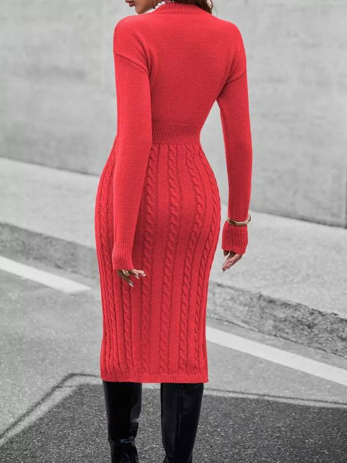 full size mock neck cable knit sweater dress with | dropsona - neutral - material texture