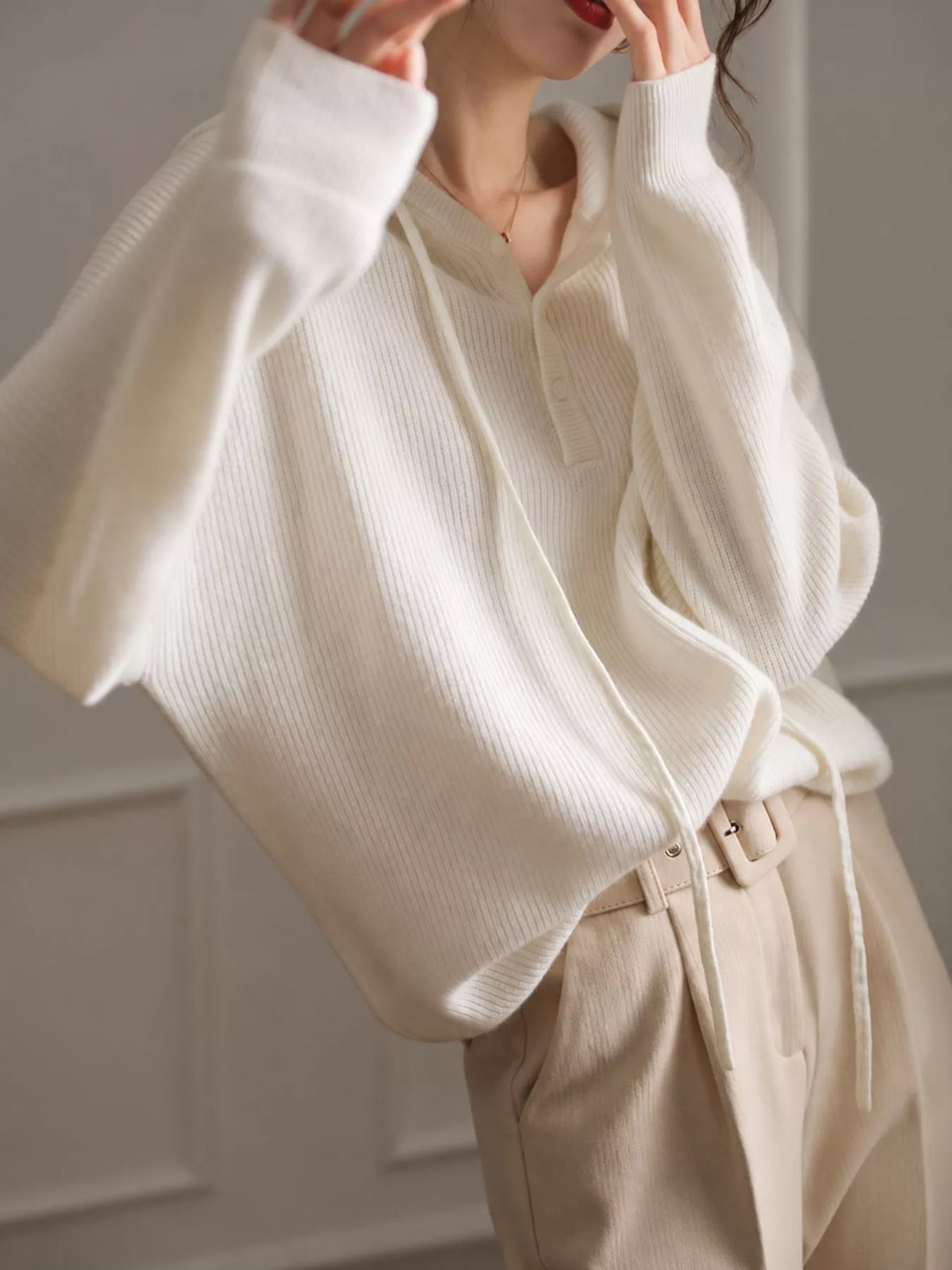 drawstring button detail hooded sweater | dropsona - neutral - size reference