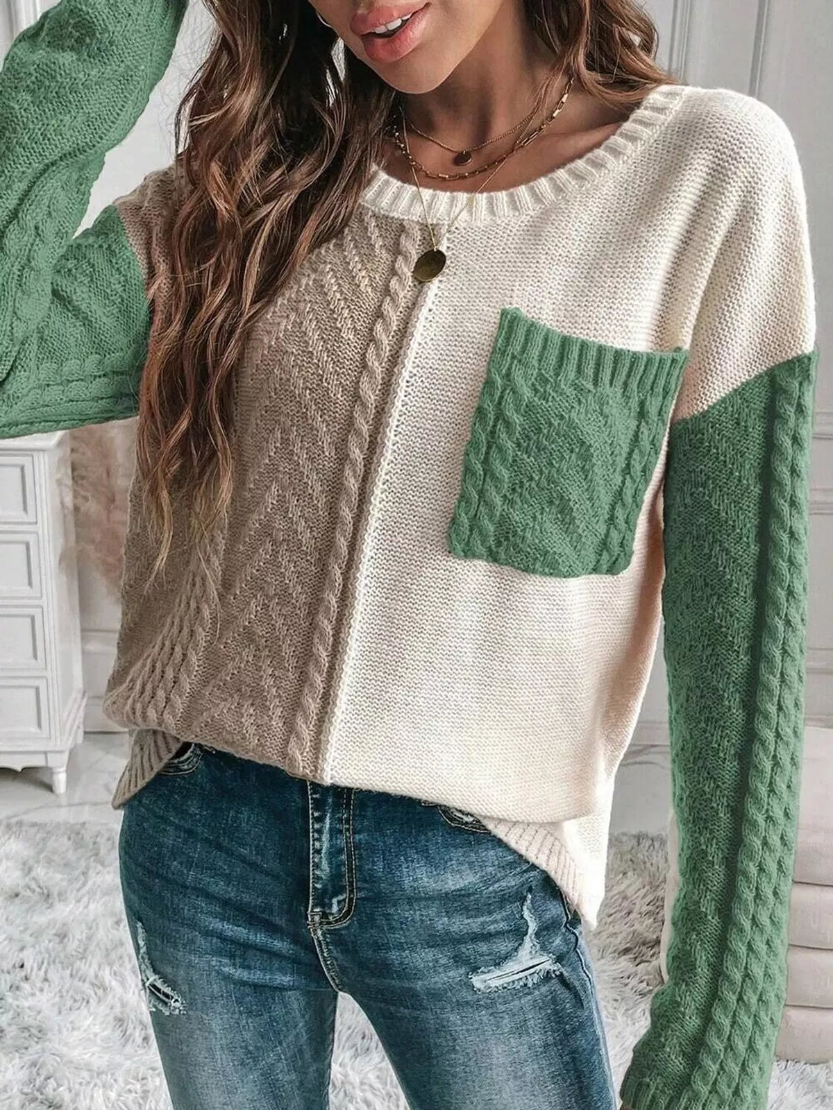 color block cable knit sweater – cable-knit fit | dropsona - neutral - close-up detail