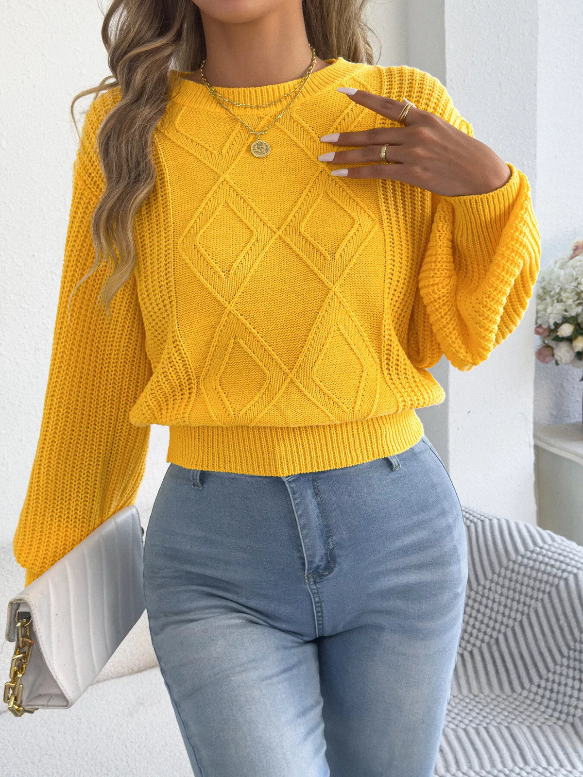 argyle pattern lantern sleeve knit sweater | dropsona - neutral - packaging