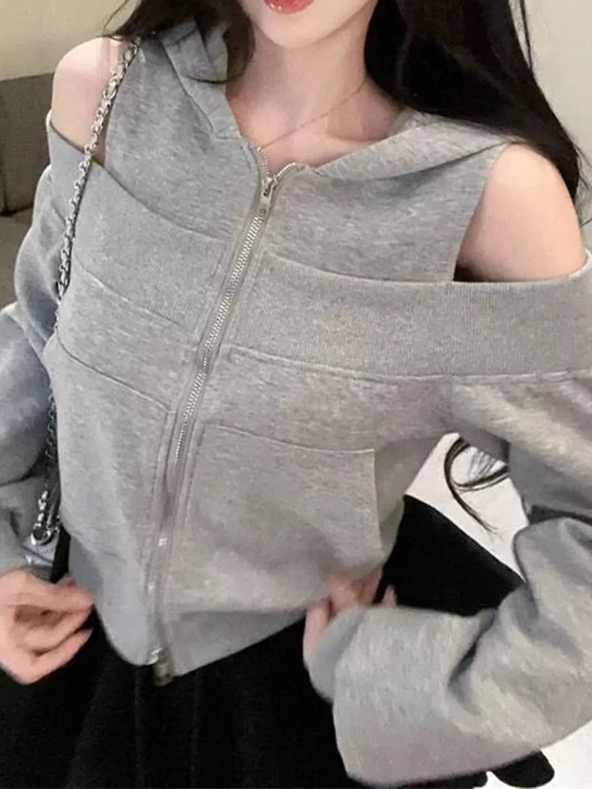cold shoulder zip-up hoodie – zipper,cutout fit | dropsona - neutral - everyday use