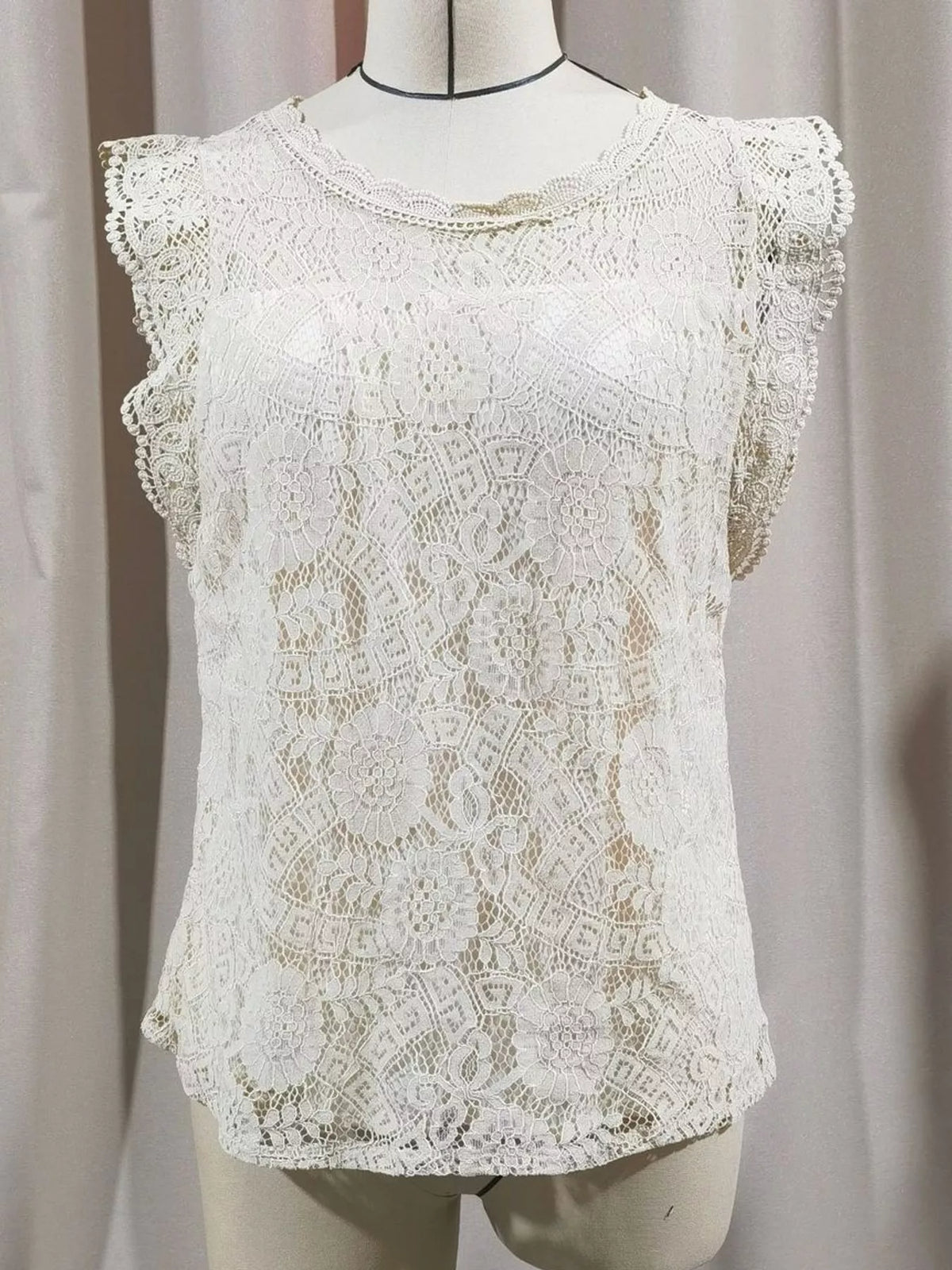 elegant floral lace sleeveless blouse with scalloped | dropsona - neutral - front view