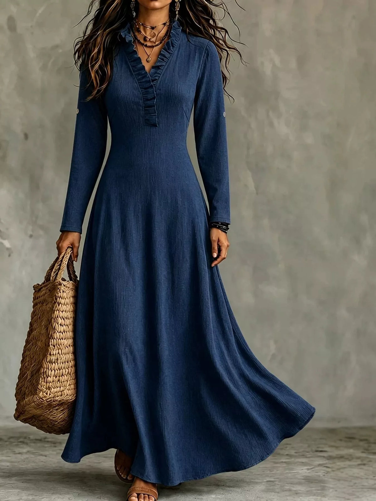 full size frill roll-up sleeve maxi dress plus | dropsona - neutral - front view