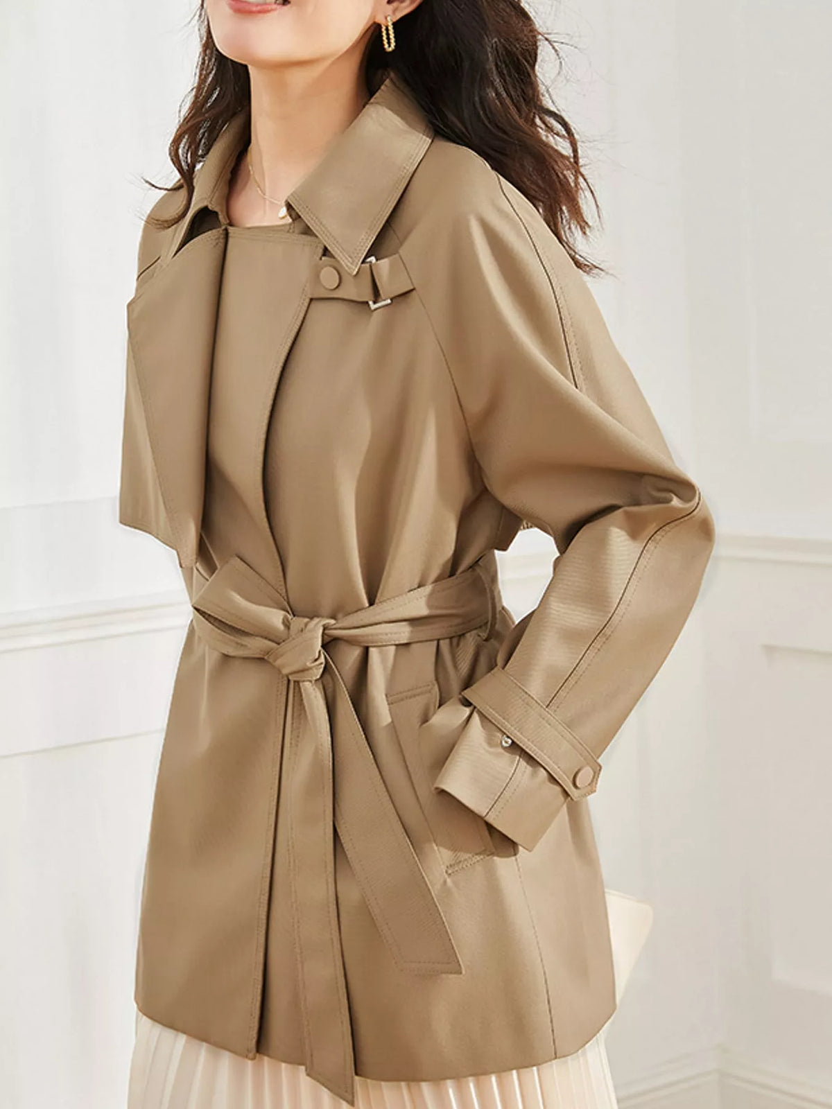 double-breasted tie waist trench coat | dropsona - neutral - usage example