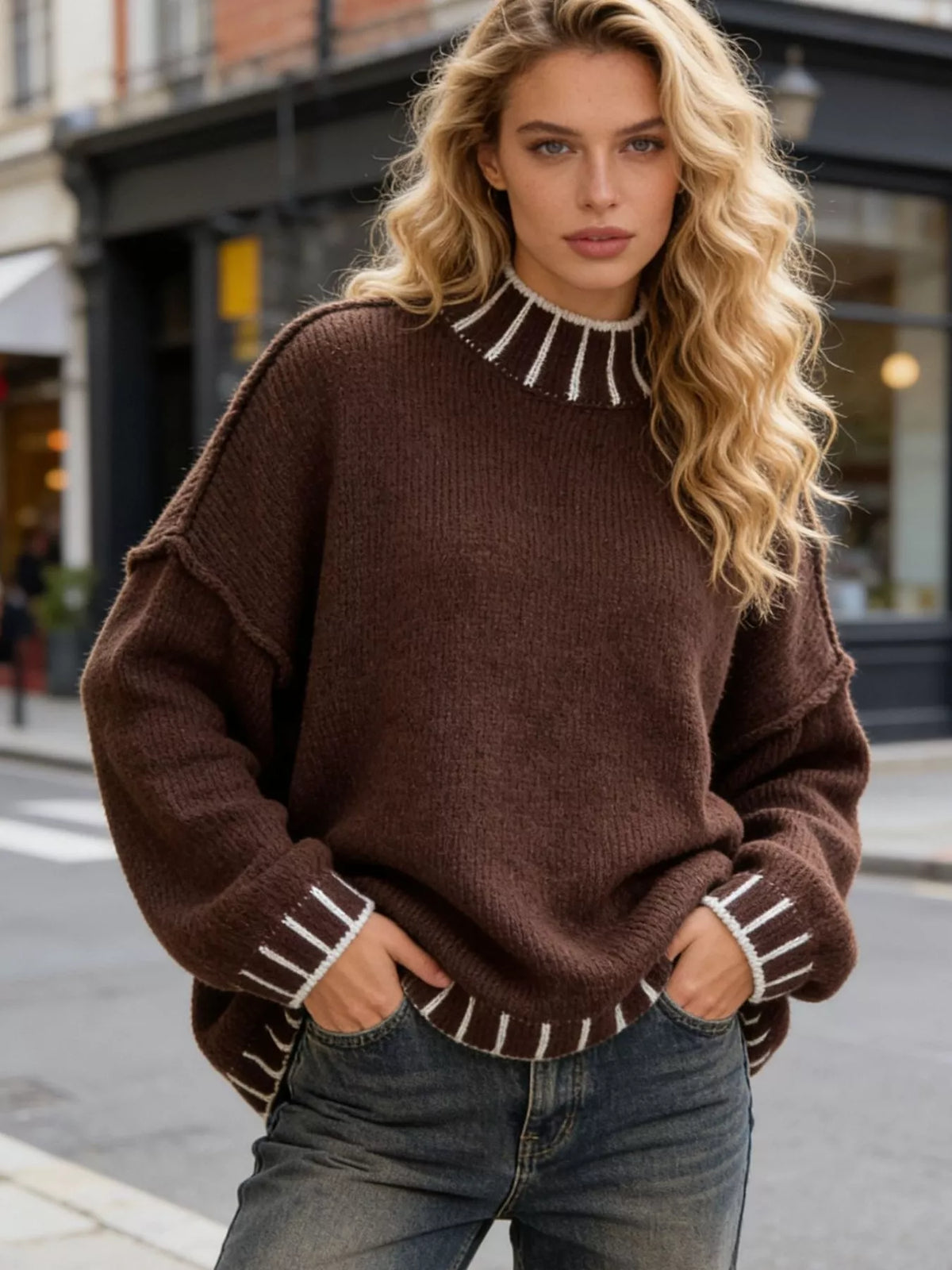 turtleneck dropped shoulder sweater – basic style | dropsona - neutral - material texture