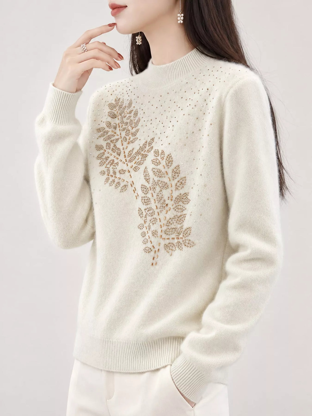 rhinestone leaf mock neck sweater | dropsona polyester - neutral - size reference